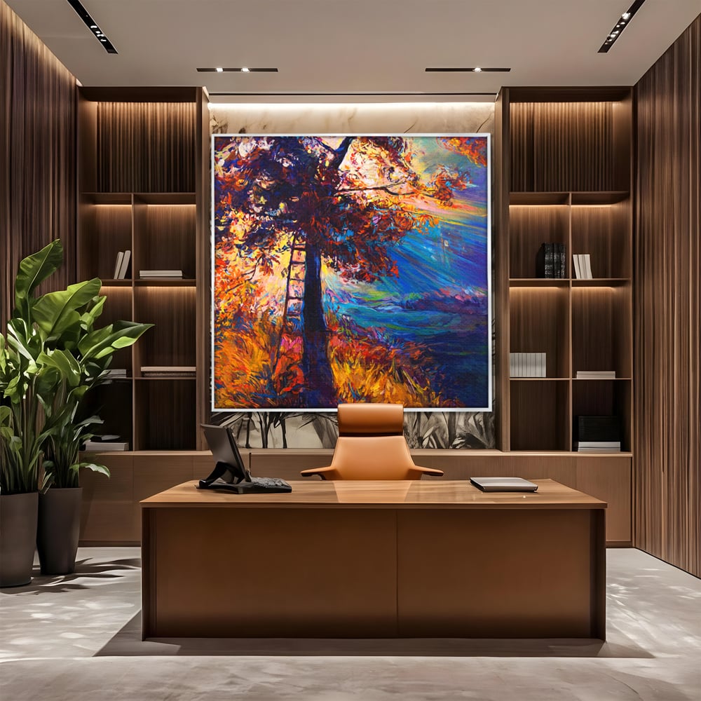 Tablou canvas cu pictura cu copac si scara, in rama de aluminiu argintiu, pe perete intr-un birou