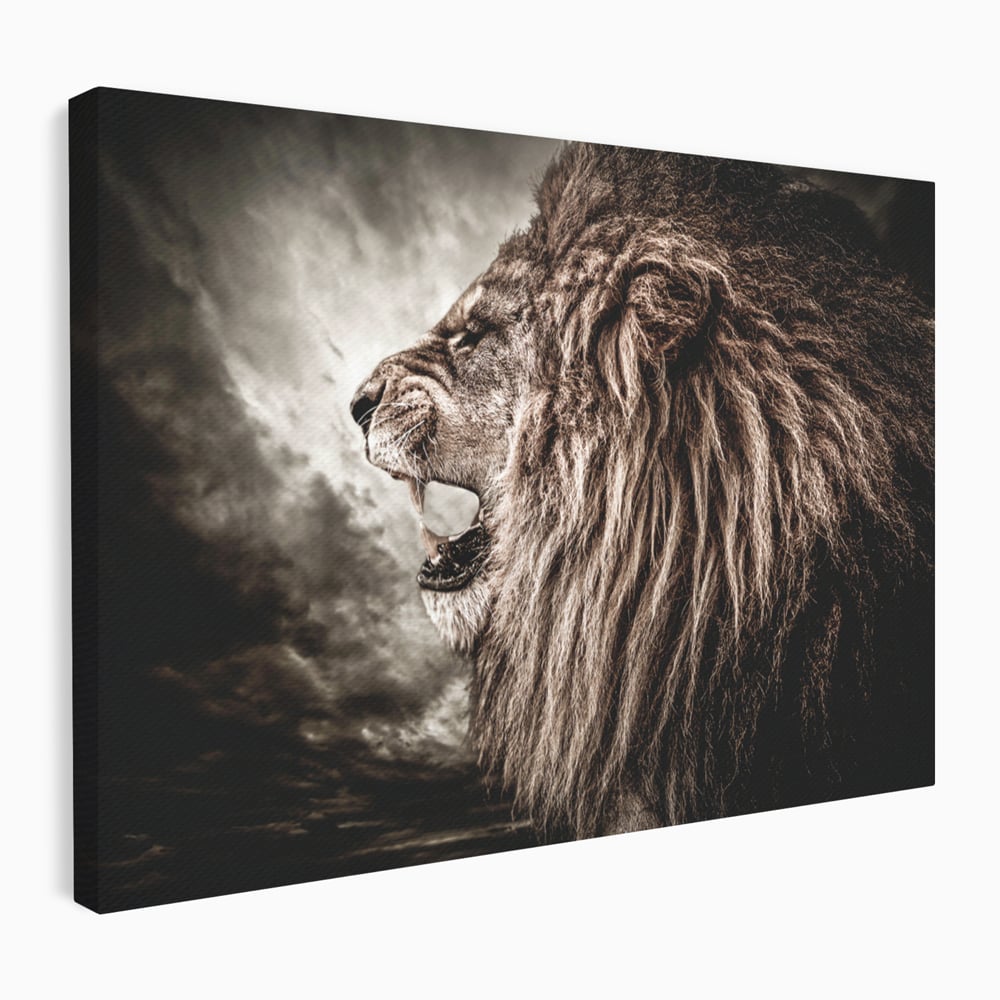 Tablou canvas cu tablou canvas cu leu racnind, fara rama, pe sasiu de lemn