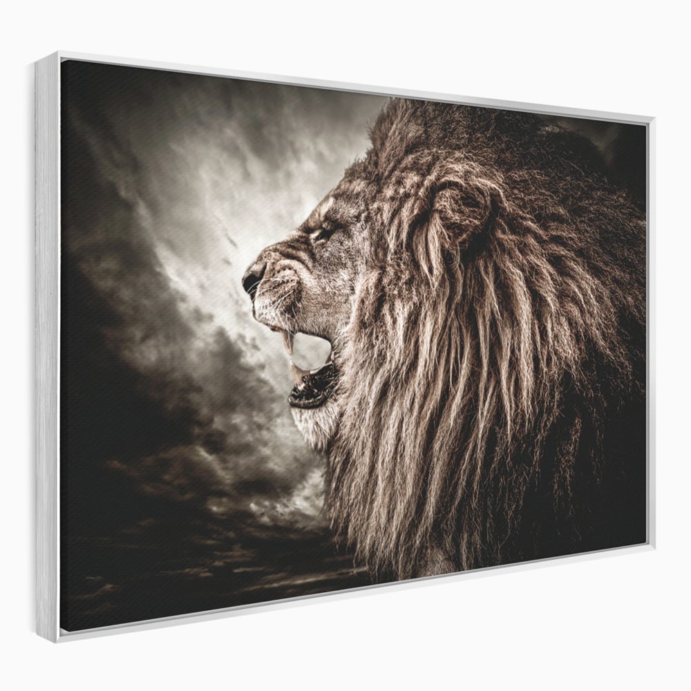 Tablou canvas cu tablou canvas cu leu racnind, in rama de aluminiu argintiu