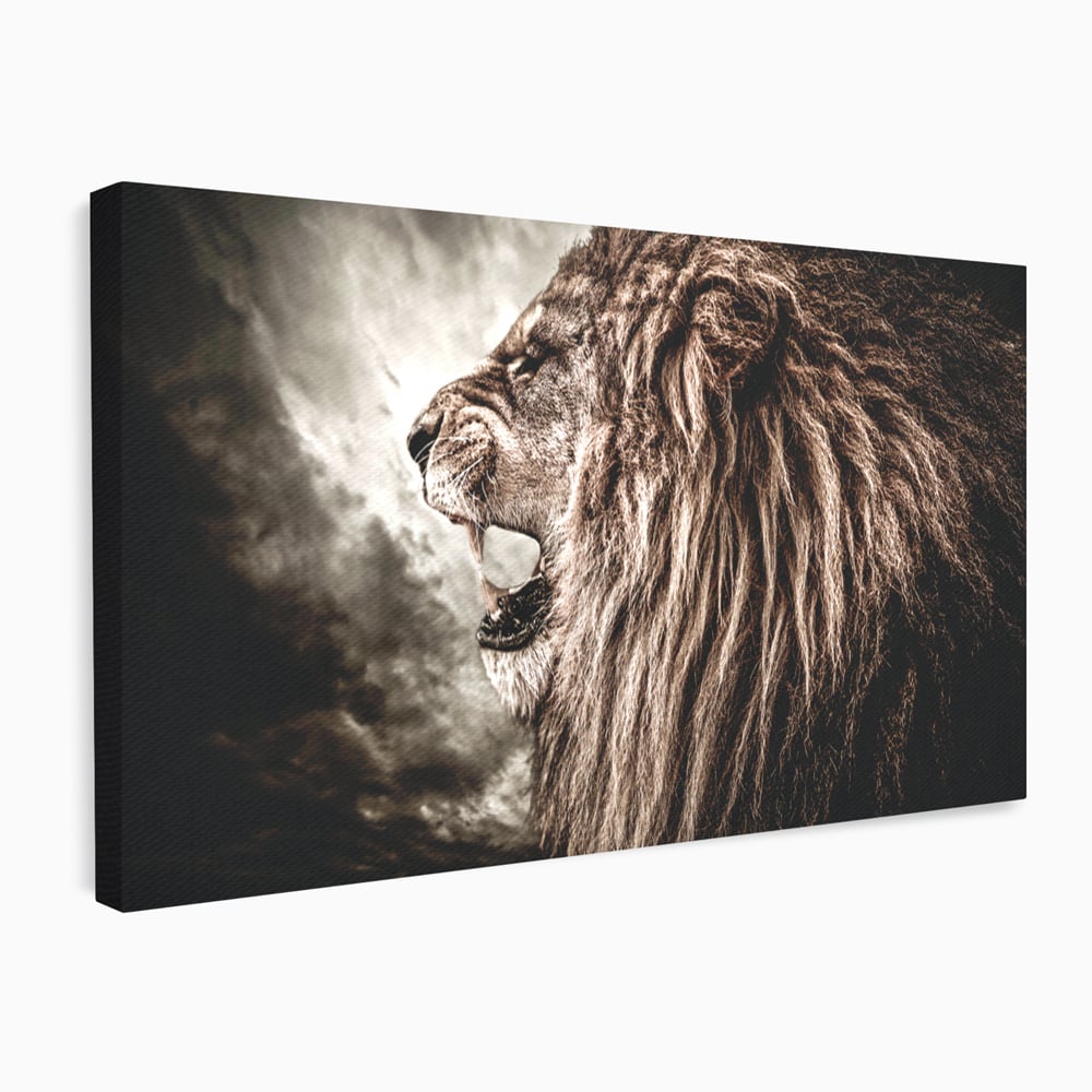 Tablou canvas cu tablou canvas cu leu racnind, fara rama, pe sasiu de lemn