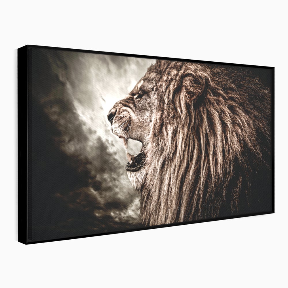 Tablou canvas cu tablou canvas cu leu racnind, in rama de aluminiu negru