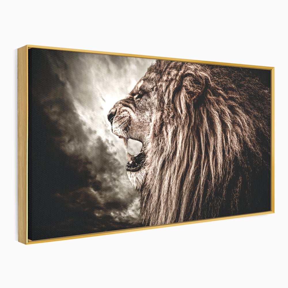 Tablou canvas cu tablou canvas cu leu racnind, in rama de aluminiu auriu
