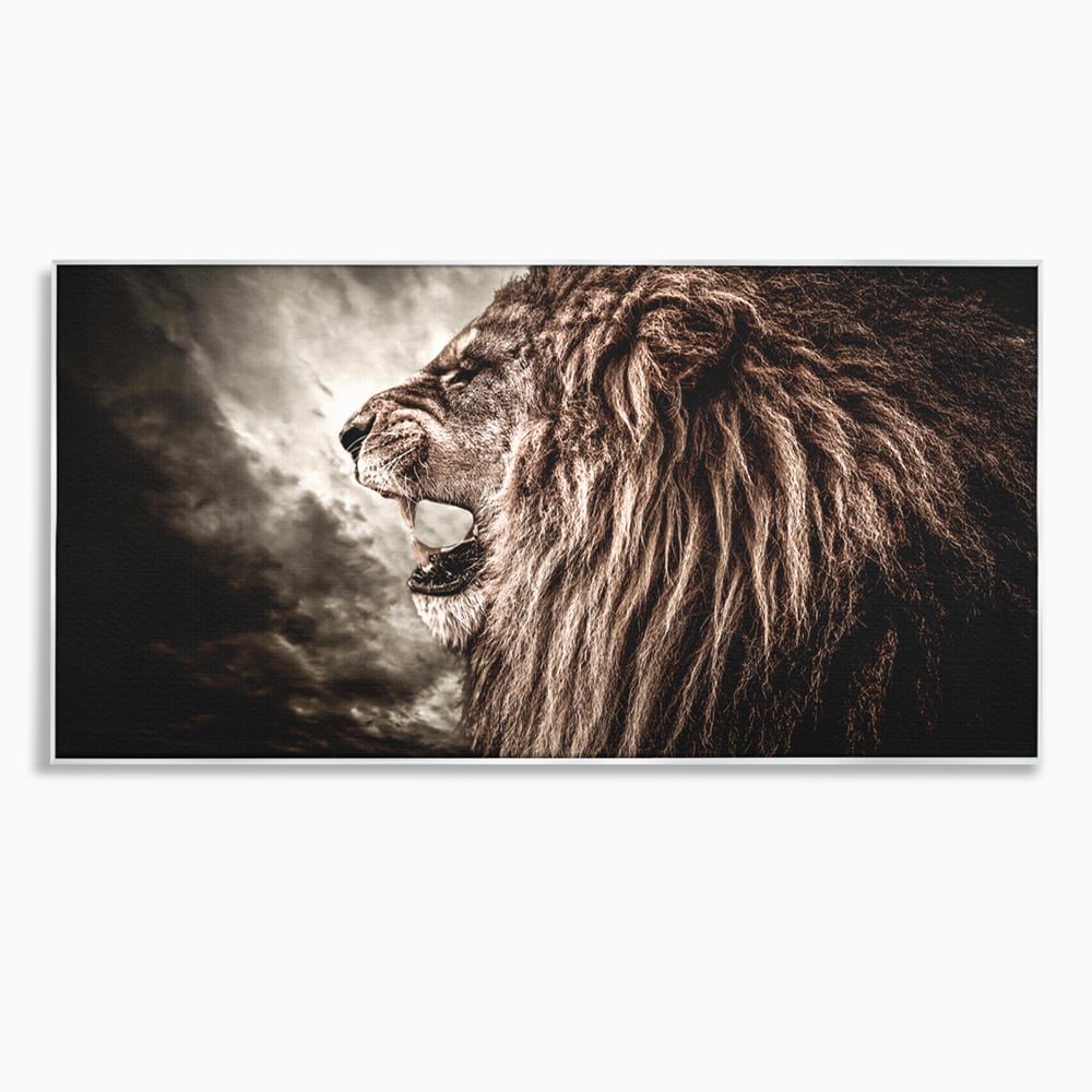 Tablou canvas cu tablou canvas cu leu racnind, in rama de aluminiu argintiu