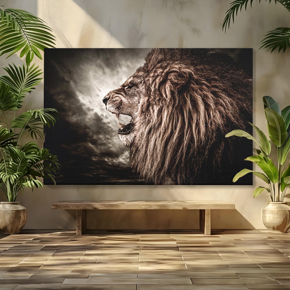 Tablou canvas cu tablou canvas cu leu racnind, fara rama, pe sasiu de lemn