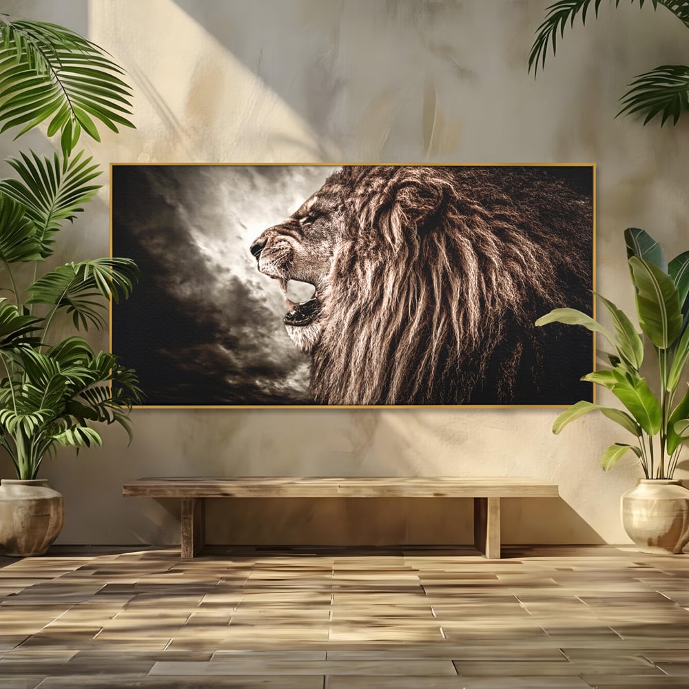 Tablou canvas cu tablou canvas cu leu racnind, in rama de aluminiu auriu
