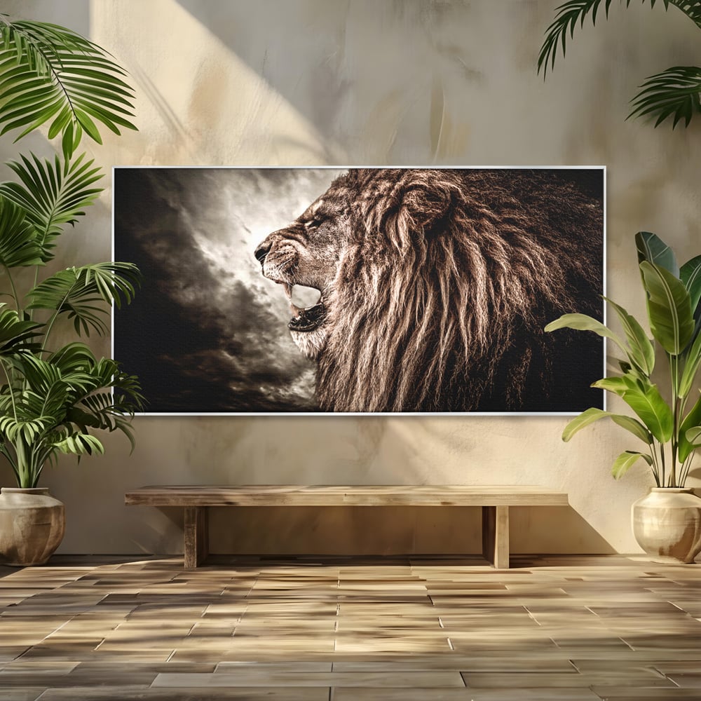 Tablou canvas cu tablou canvas cu leu racnind, in rama de aluminiu argintiu