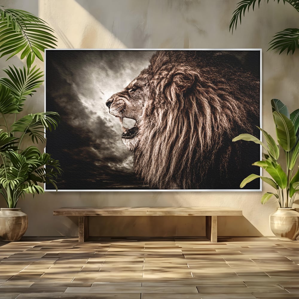 Tablou canvas cu tablou canvas cu leu racnind, in rama de aluminiu argintiu