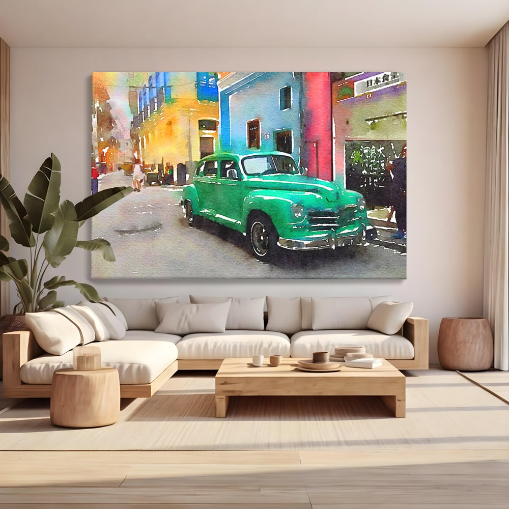 Tablou canvas cu tablou canvas cu masina de epoca, fara rama, pe sasiu de lemn, pe perete intr-un living