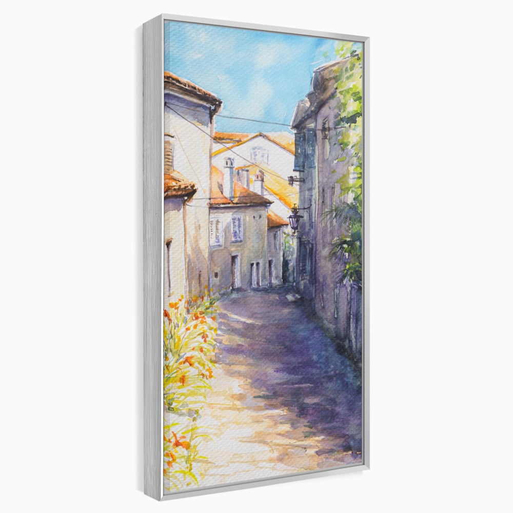 Tablou canvas cu pictura acuarela straduta insorita, in rama de aluminiu argintiu