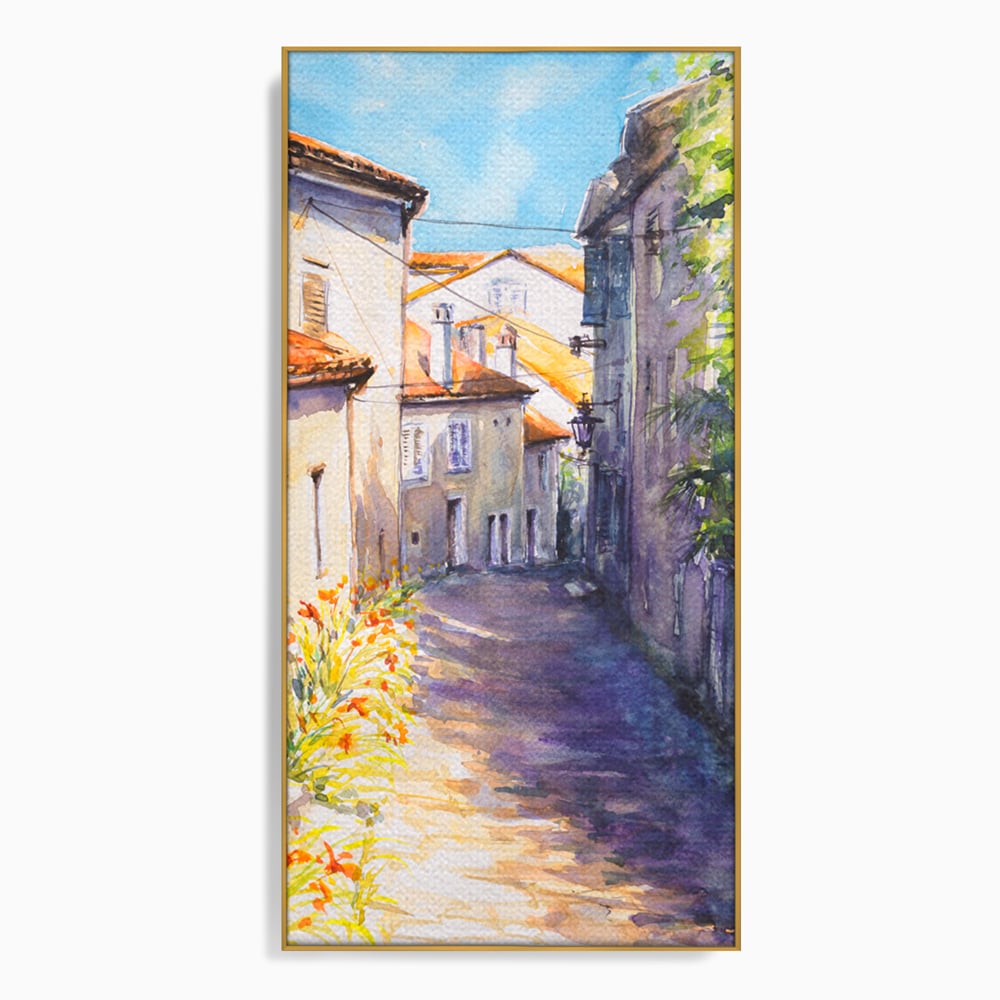 Tablou canvas cu pictura acuarela straduta insorita, in rama de aluminiu auriu