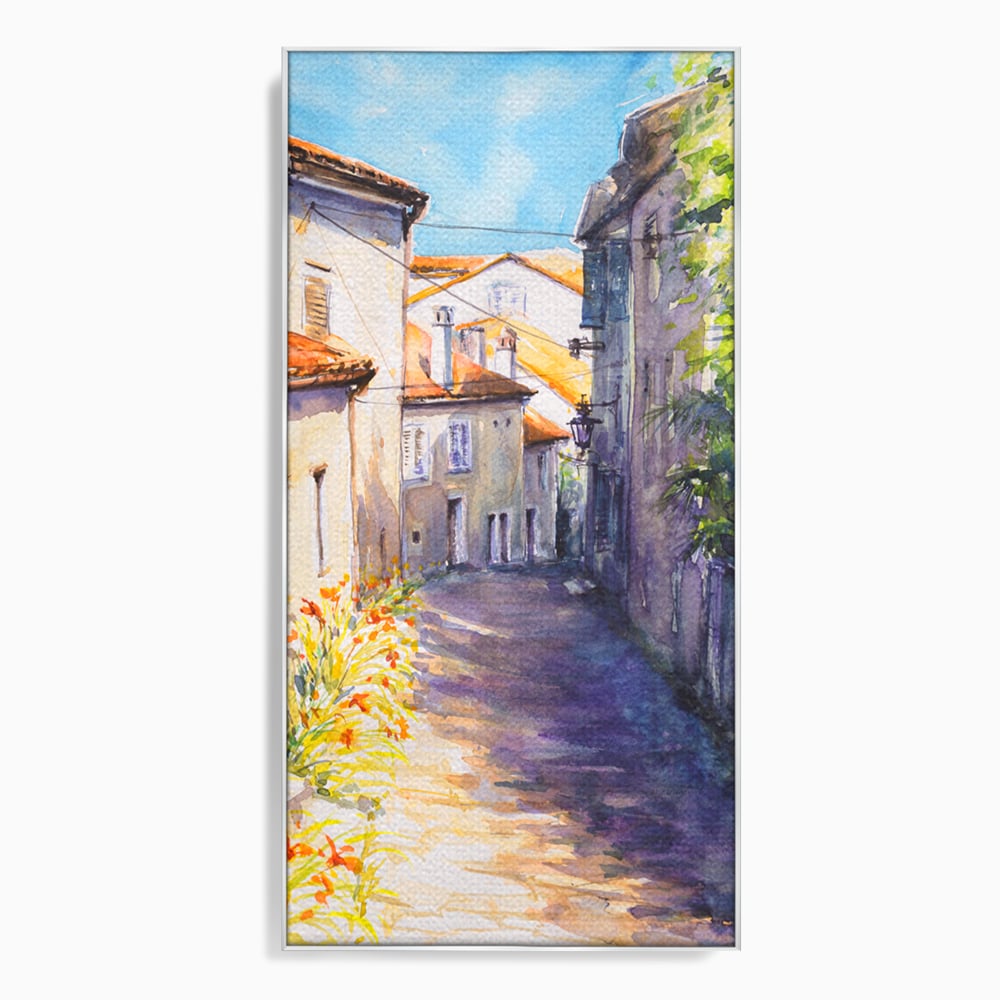 Tablou canvas cu pictura acuarela straduta insorita, in rama de aluminiu argintiu