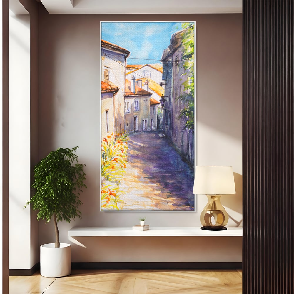 Tablou canvas cu pictura acuarela straduta insorita, in rama de aluminiu argintiu