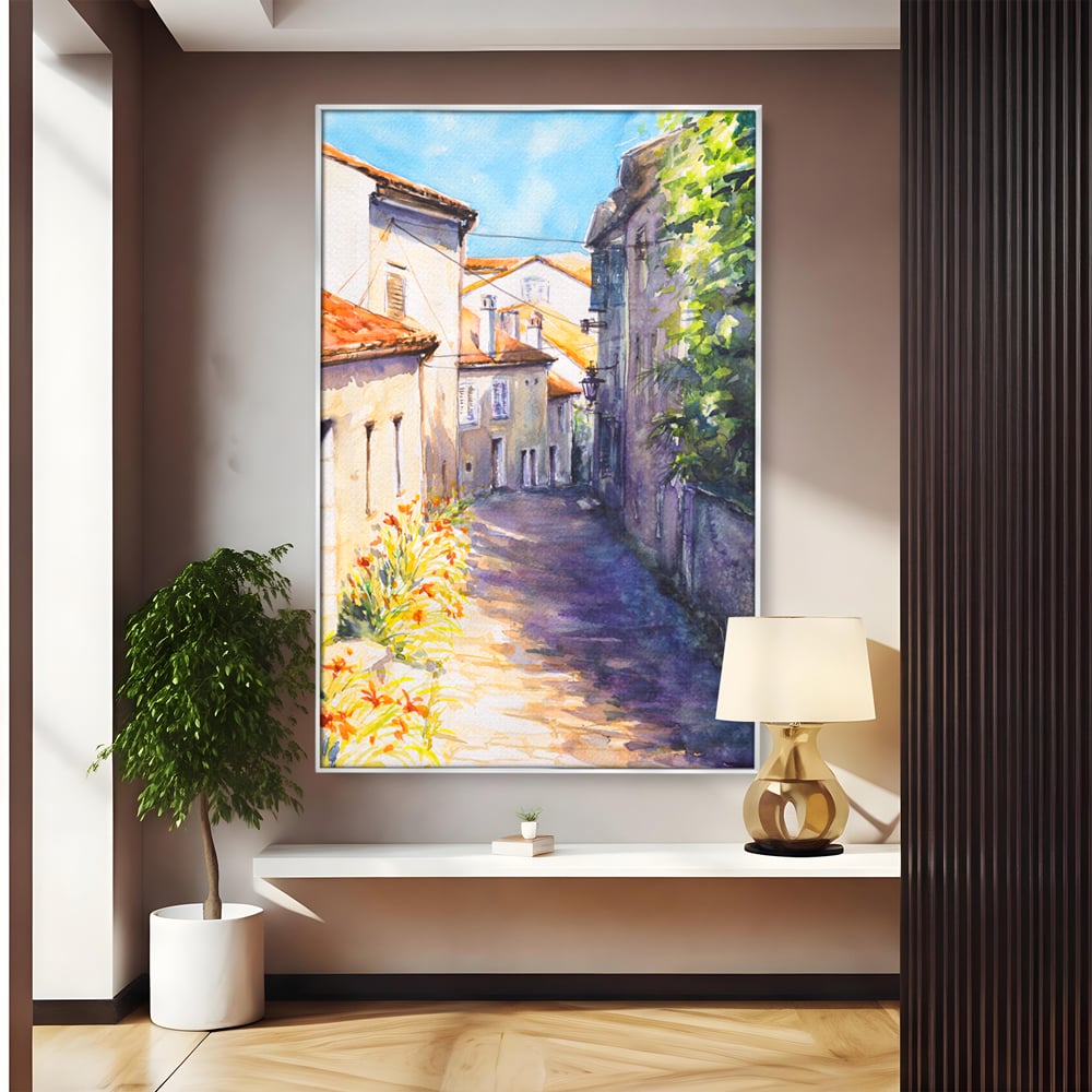 Tablou canvas cu pictura acuarela straduta insorita, in rama de aluminiu argintiu