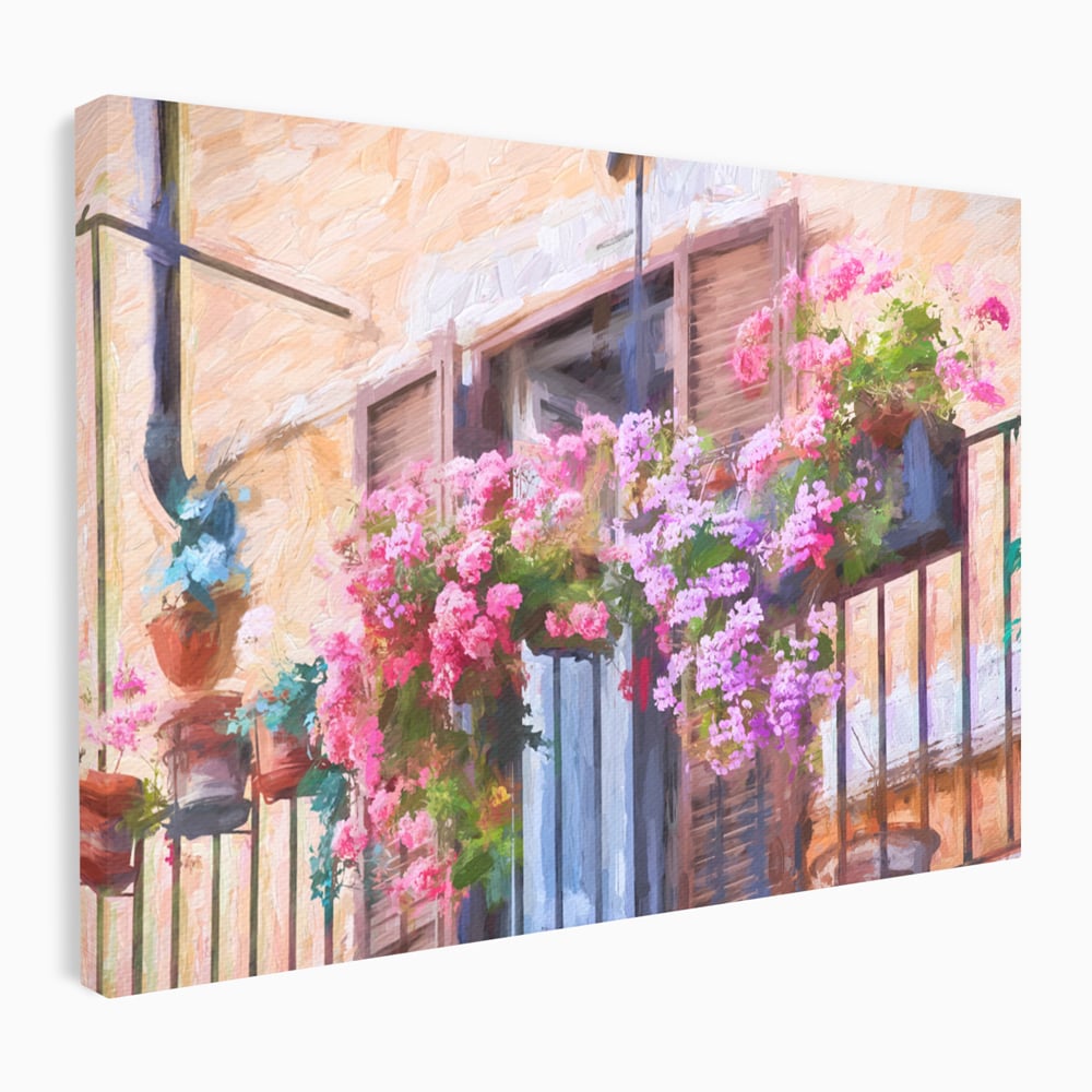 Tablou canvas cu pictura cu balcon plin de flori roz, fara rama, pe sasiu de lemn