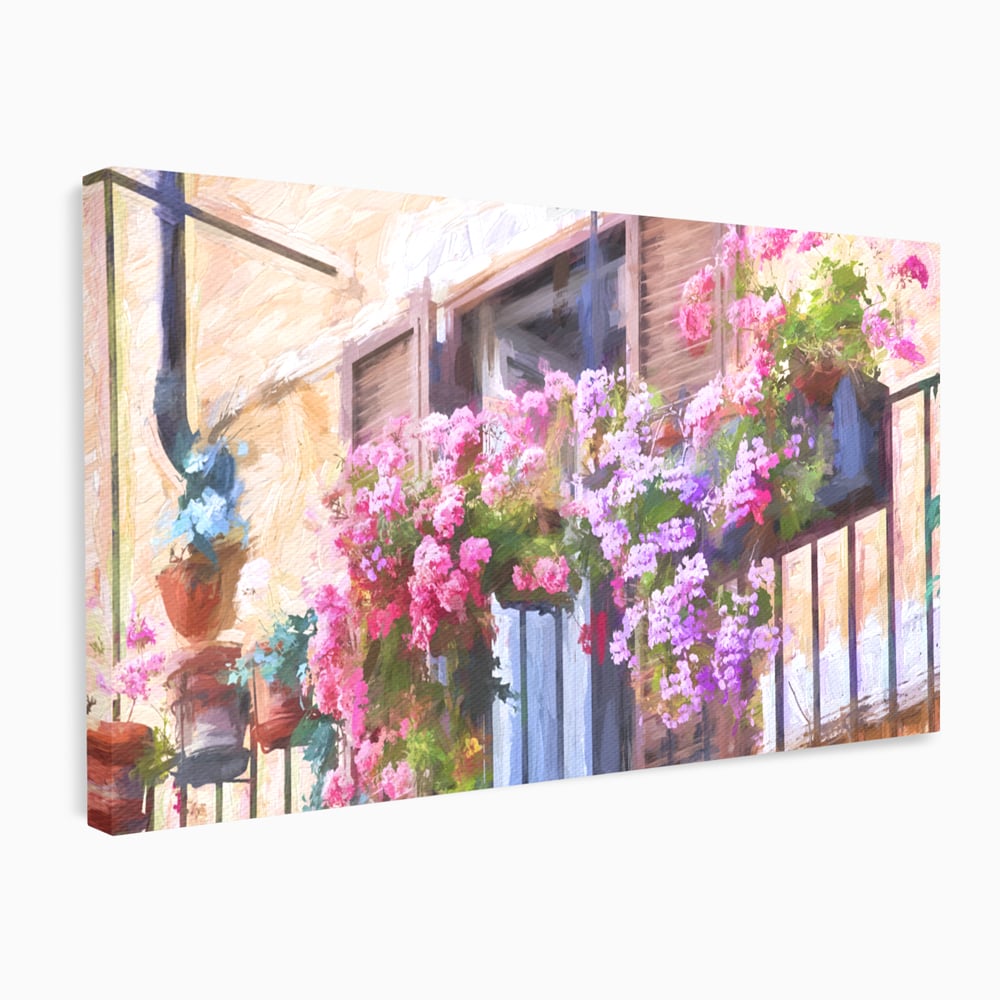 Tablou canvas cu pictura cu balcon plin de flori roz, fara rama, pe sasiu de lemn