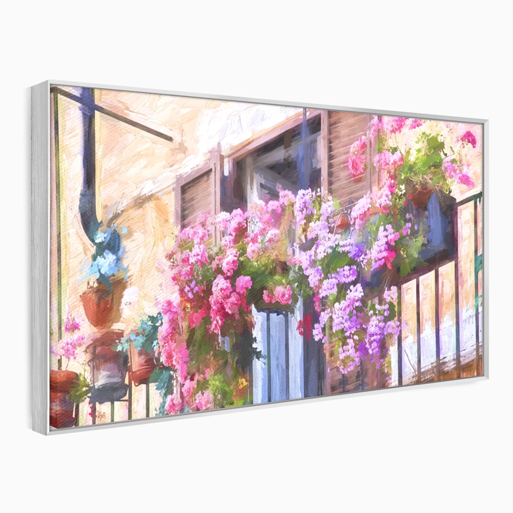 Tablou canvas cu pictura cu balcon plin de flori roz, in rama de aluminiu argintiu