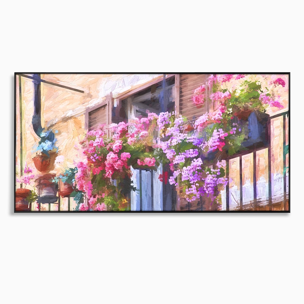 Tablou canvas cu pictura cu balcon plin de flori roz, in rama de aluminiu negru