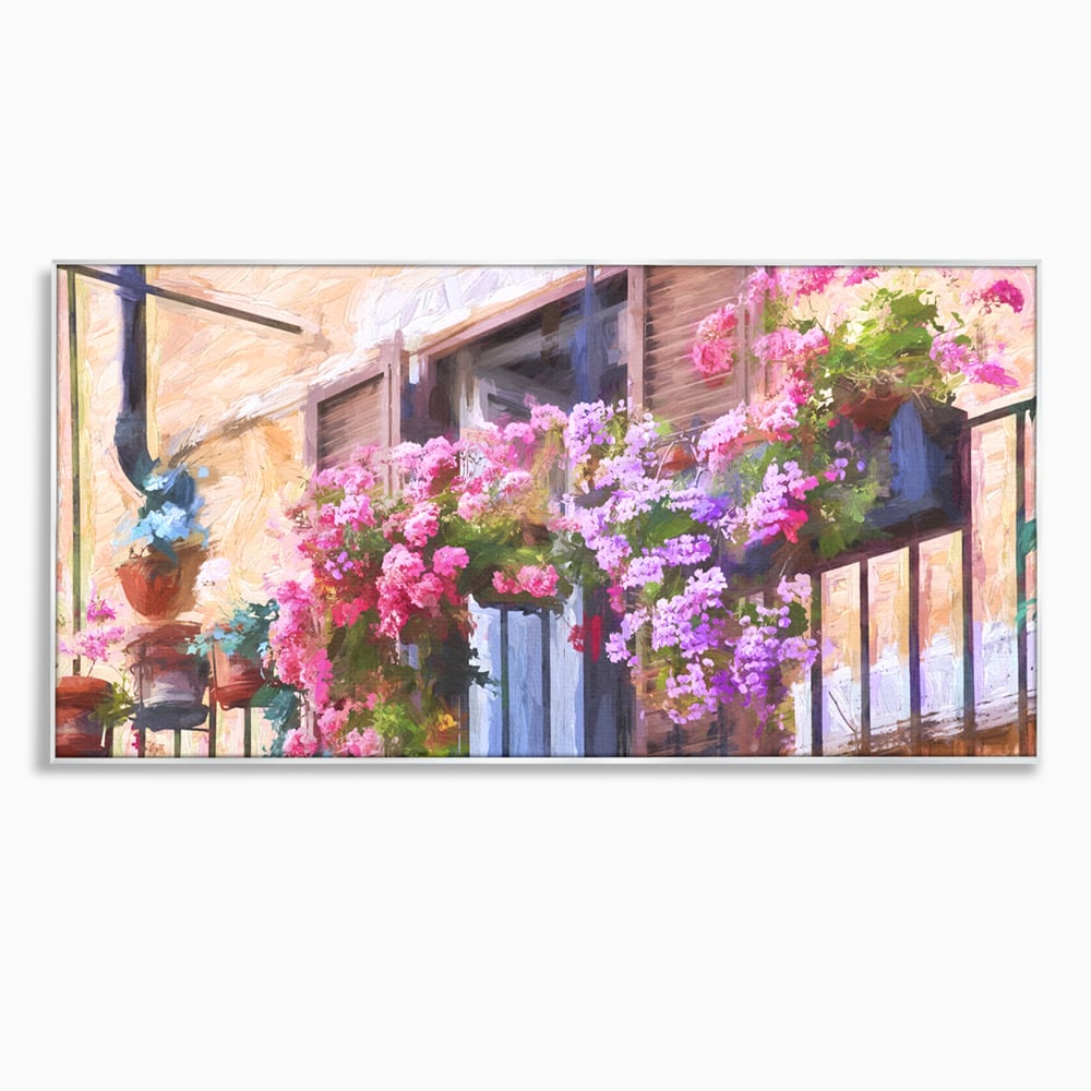 Tablou canvas cu pictura cu balcon plin de flori roz, in rama de aluminiu argintiu