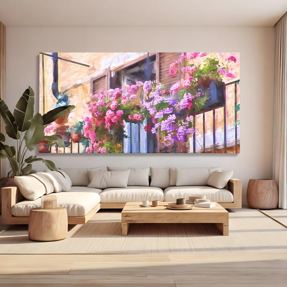 Tablou canvas cu pictura cu balcon plin de flori roz, fara rama, pe sasiu de lemn, pe perete intr-un living