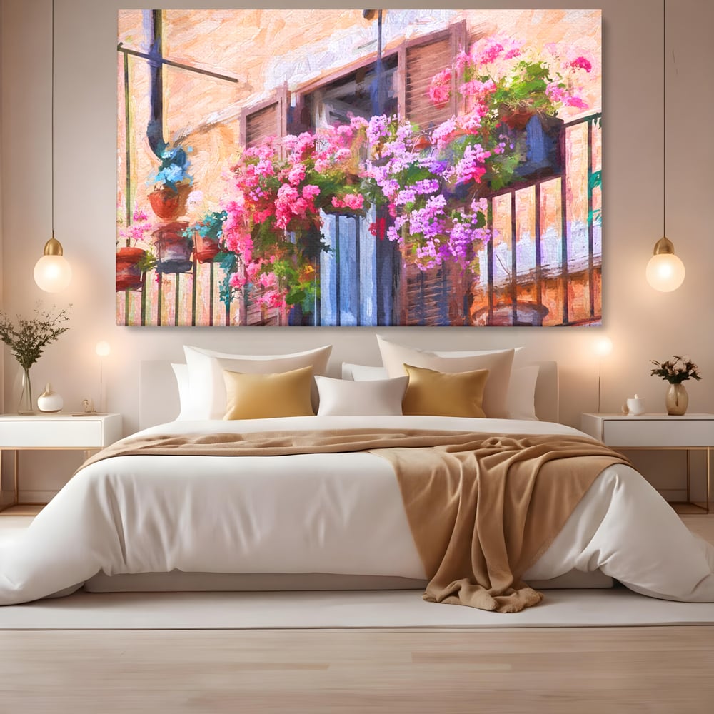 Tablou canvas cu pictura cu balcon plin de flori roz, fara rama, pe sasiu de lemn, pe perete intr-un dormitor