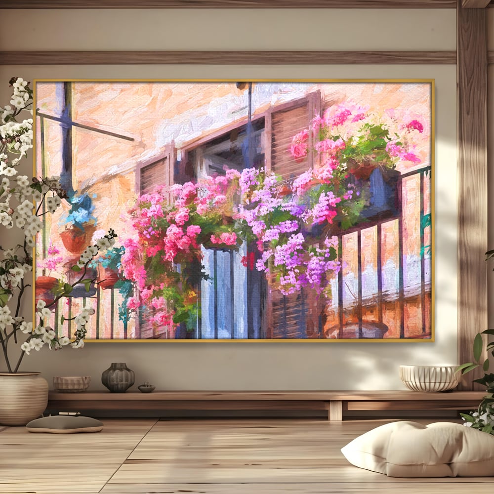 Tablou canvas cu pictura cu balcon plin de flori roz, in rama de aluminiu auriu