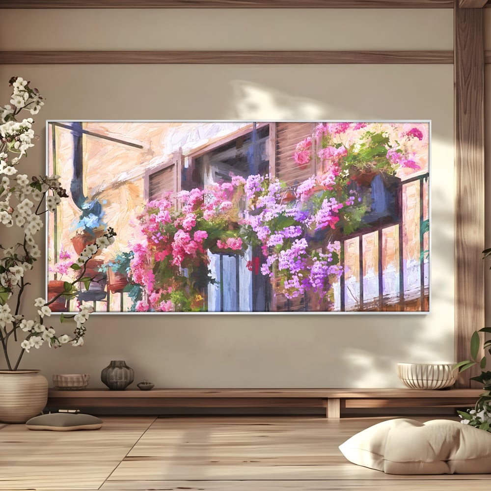 Tablou canvas cu pictura cu balcon plin de flori roz, in rama de aluminiu argintiu