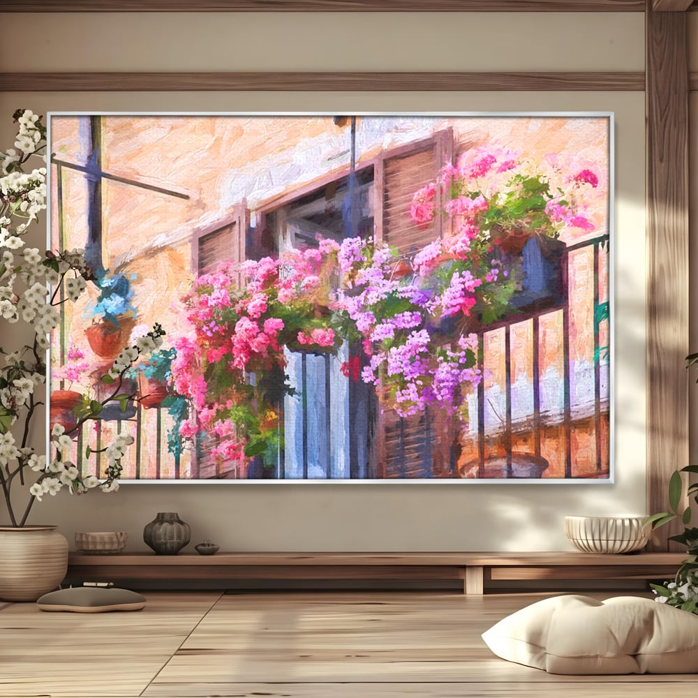 Tablou canvas cu pictura cu balcon plin de flori roz, in rama de aluminiu argintiu