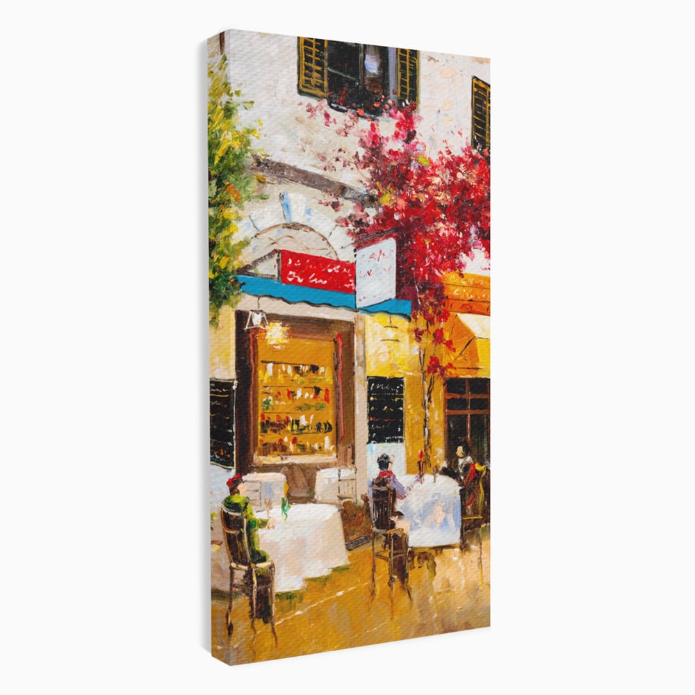 Tablou canvas cu pictura stradala cu terasa, fara rama, pe sasiu de lemn