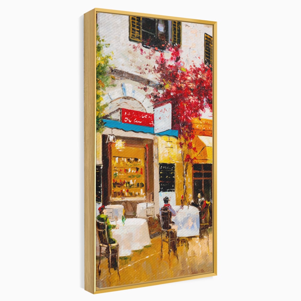 Tablou canvas cu pictura stradala cu terasa, in rama de aluminiu auriu