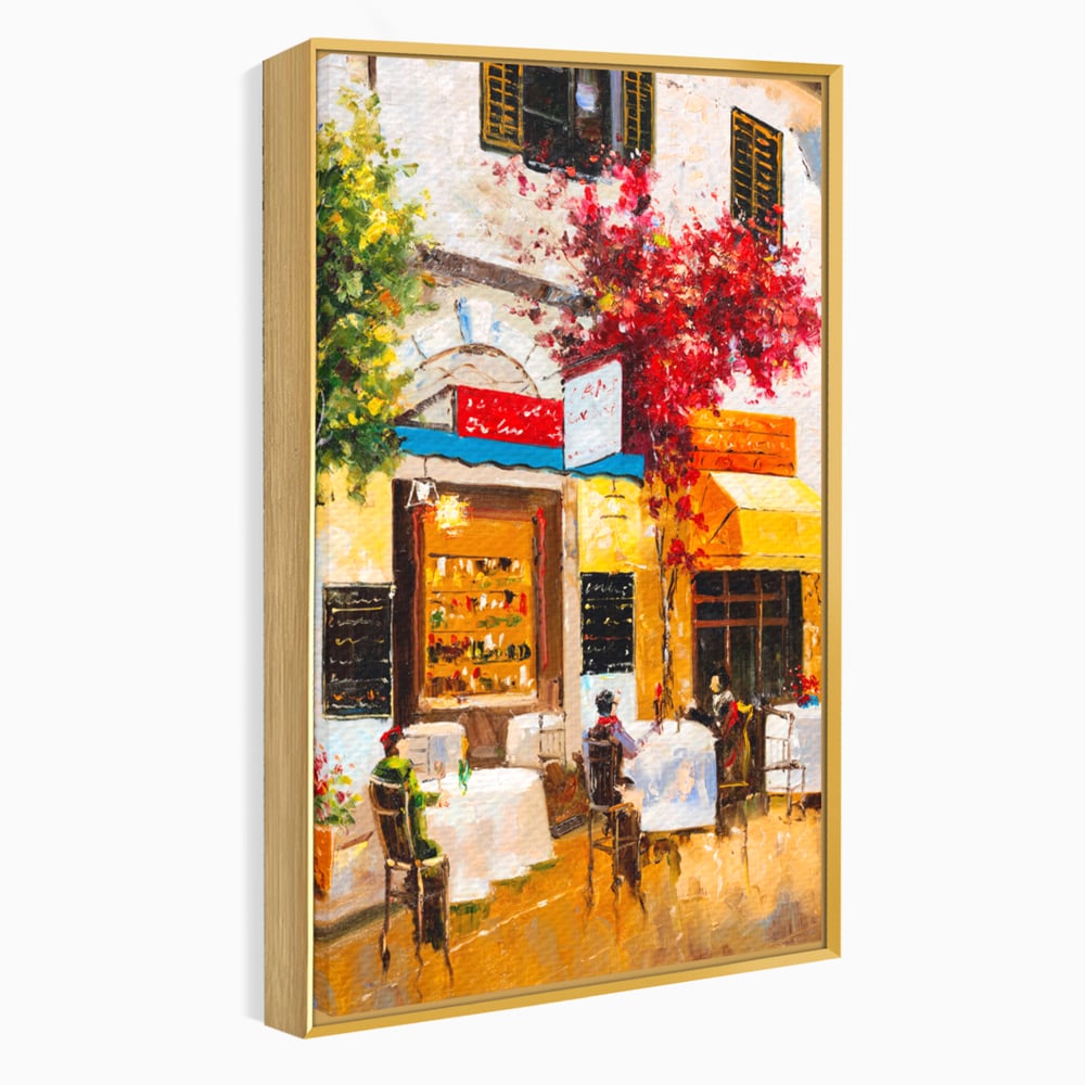 Tablou canvas cu pictura stradala cu terasa, in rama de aluminiu auriu