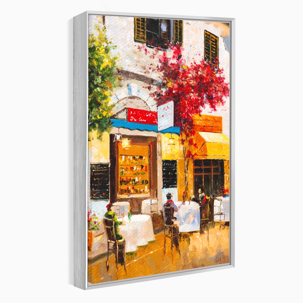 Tablou canvas cu pictura stradala cu terasa, in rama de aluminiu argintiu
