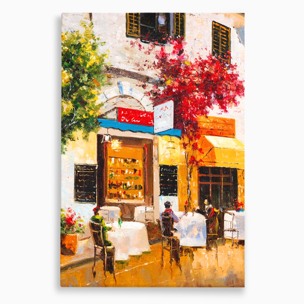 Tablou canvas cu pictura stradala cu terasa, fara rama, pe sasiu de lemn