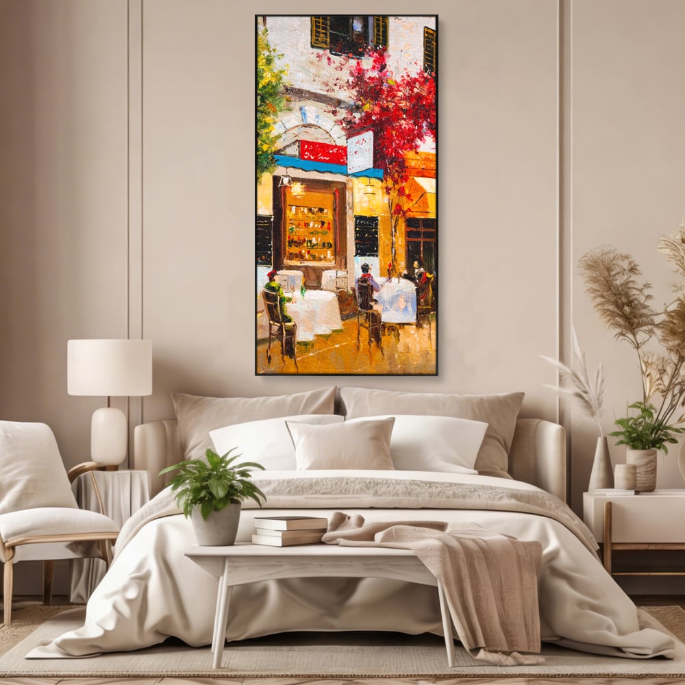 Tablou canvas cu pictura stradala cu terasa, in rama de aluminiu negru, pe perete intr-un dormitor