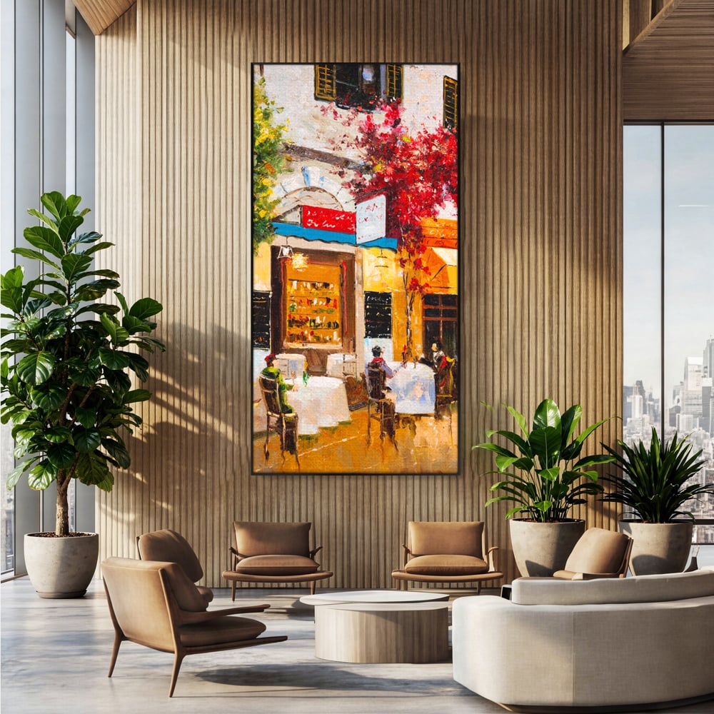 Tablou canvas cu pictura stradala cu terasa, in rama de aluminiu negru, pe perete intr-un birou