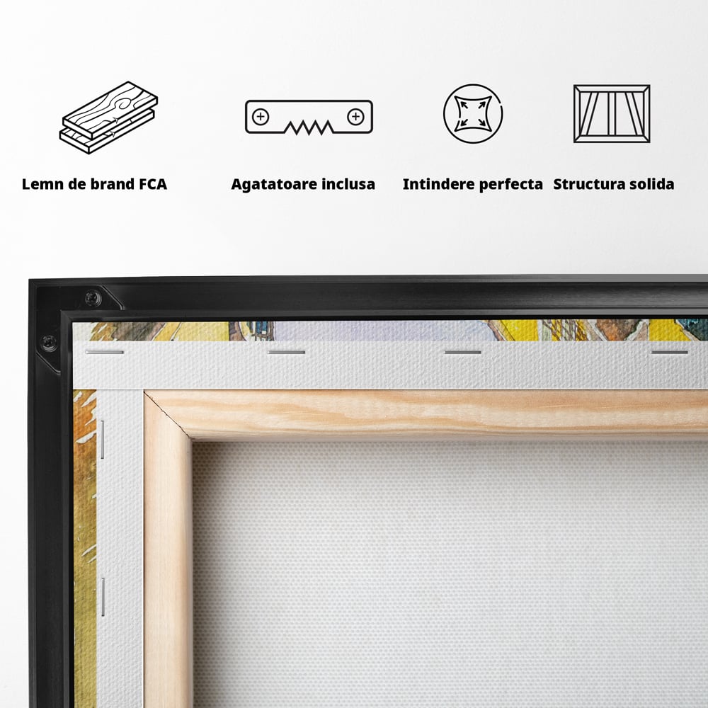 Spatele produsului, cu sasiu din lemn, capse metalice si agatatoare