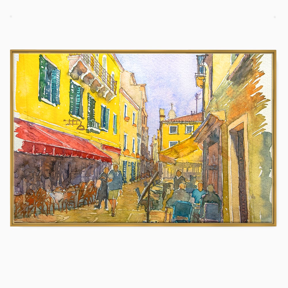 Tablou canvas cu pictura acuarela strada cu terase, in rama de aluminiu auriu