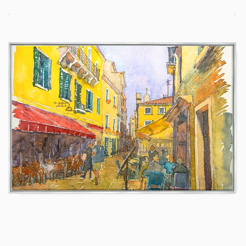 Tablou canvas cu pictura acuarela strada cu terase, in rama de aluminiu argintiu