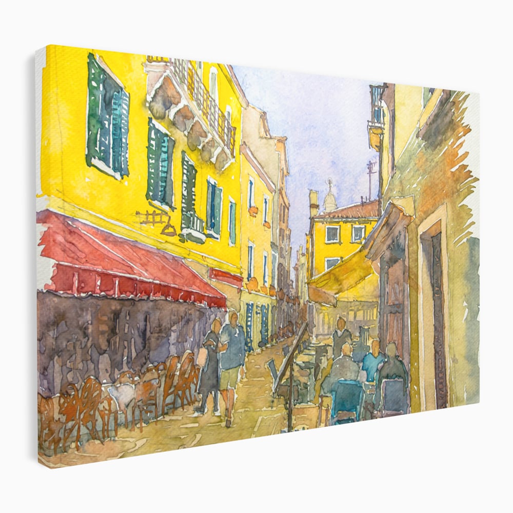 Tablou canvas cu pictura acuarela strada cu terase, fara rama, pe sasiu de lemn
