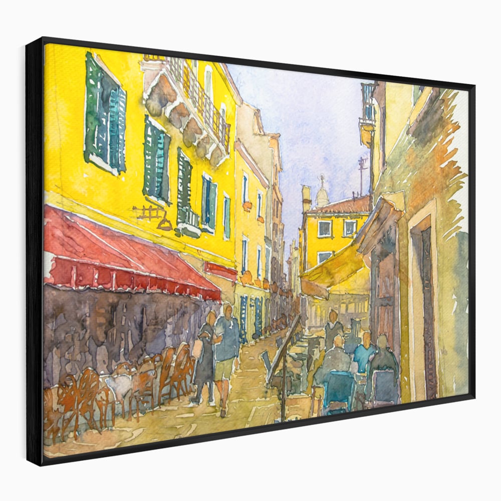 Tablou canvas cu pictura acuarela strada cu terase, in rama de aluminiu negru