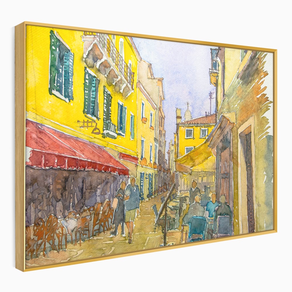 Tablou canvas cu pictura acuarela strada cu terase, in rama de aluminiu auriu