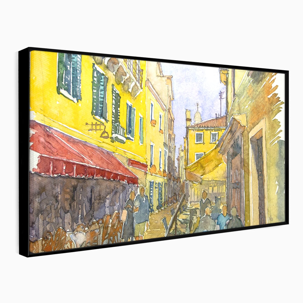 Tablou canvas cu pictura acuarela strada cu terase, in rama de aluminiu negru