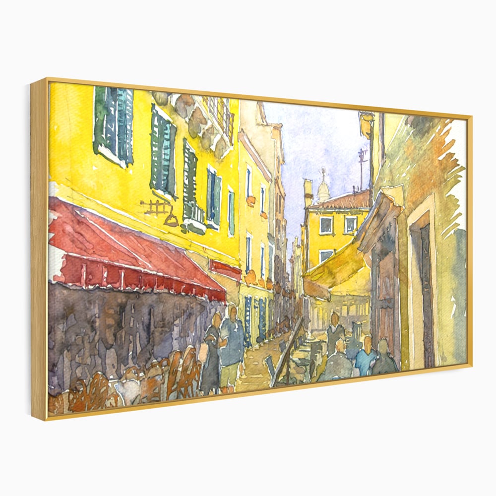Tablou canvas cu pictura acuarela strada cu terase, in rama de aluminiu auriu