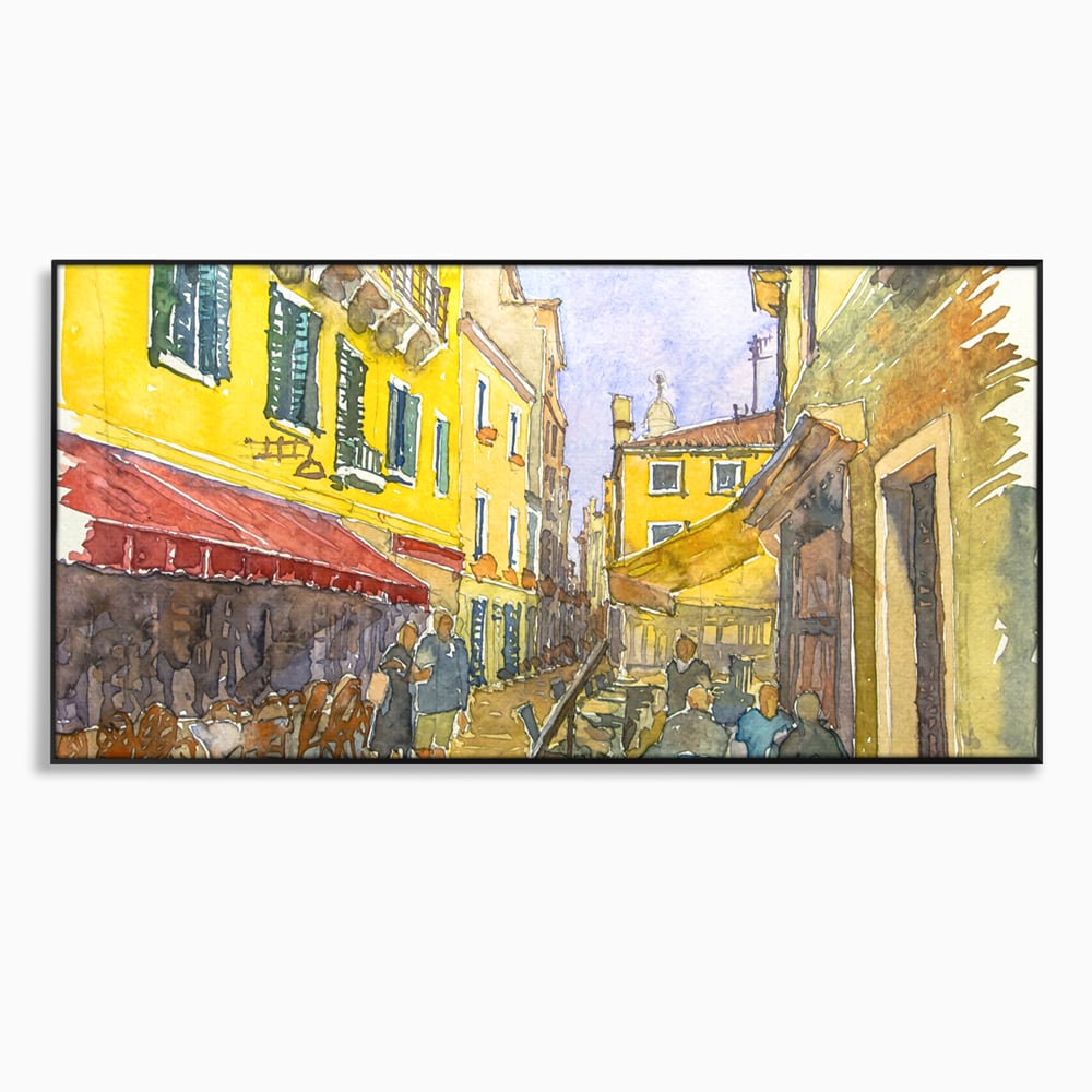 Tablou canvas cu pictura acuarela strada cu terase, in rama de aluminiu negru