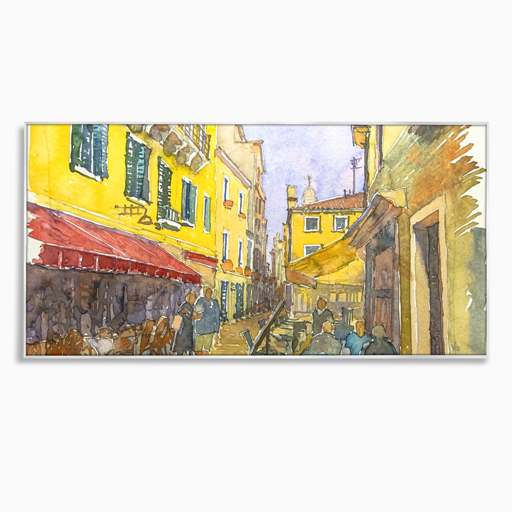 Tablou canvas cu pictura acuarela strada cu terase, in rama de aluminiu argintiu