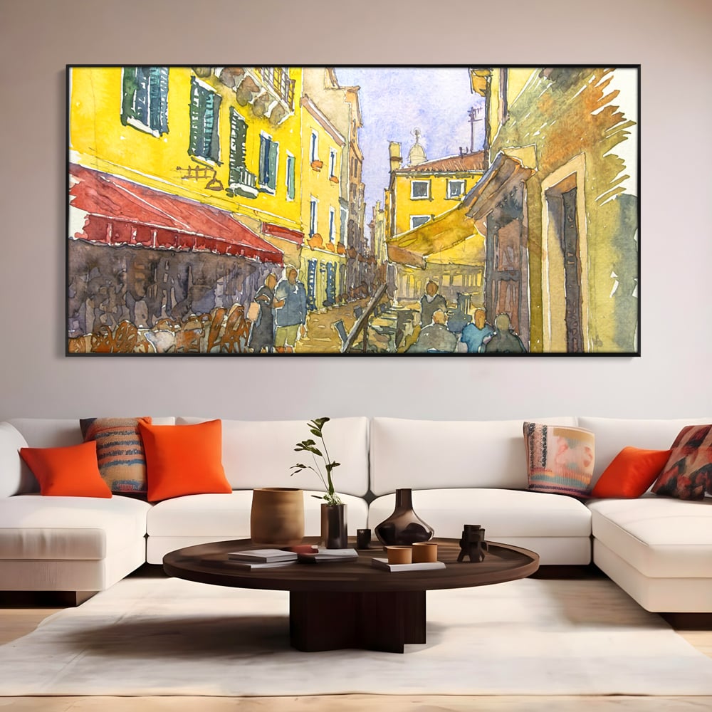 Tablou canvas cu pictura acuarela strada cu terase, in rama de aluminiu negru, pe perete intr-un living