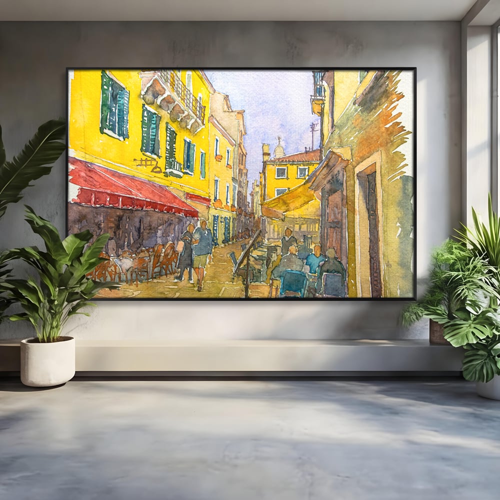 Tablou canvas cu pictura acuarela strada cu terase, in rama de aluminiu negru