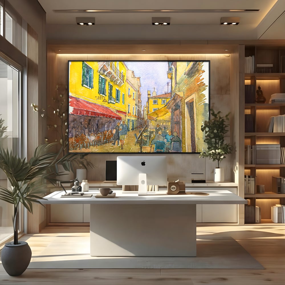 Tablou canvas cu pictura acuarela strada cu terase, in rama de aluminiu negru, pe perete intr-un birou