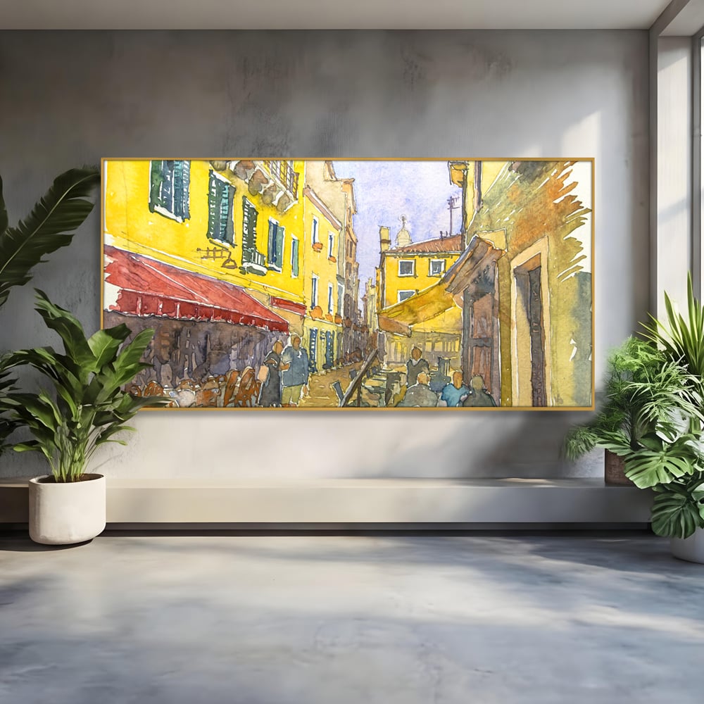 Tablou canvas cu pictura acuarela strada cu terase, in rama de aluminiu auriu