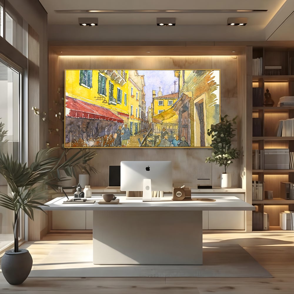 Tablou canvas cu pictura acuarela strada cu terase, in rama de aluminiu auriu, pe perete intr-un birou