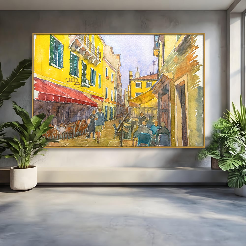 Tablou canvas cu pictura acuarela strada cu terase, in rama de aluminiu auriu